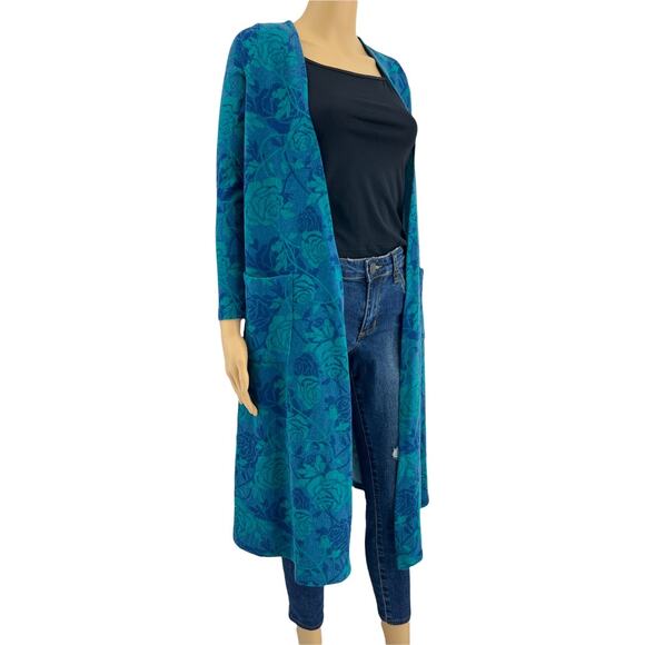 LulaRoe (XS) Sarah Blue Green Floral Terry Duster Cardigan Sweater w Pockets NWT - Picture 1 of 7